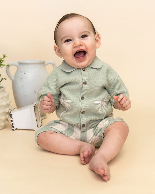 Palm Trees Embroidered Baby Sweater Shirt & Shorts Set (Organic Cotton) Model