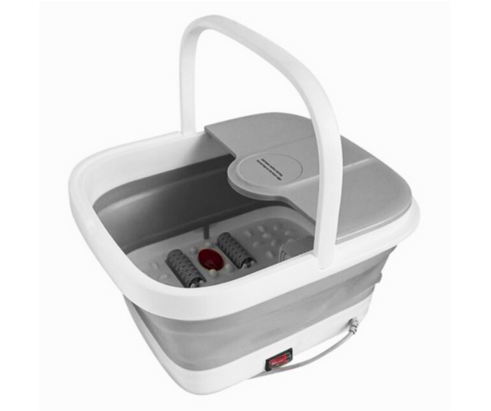P024A Pedicure Foot Spa Bowl |  A portable, collapsible foot soak bath with a white and gray color scheme, featuring a heating element and a roller massage mechanism.