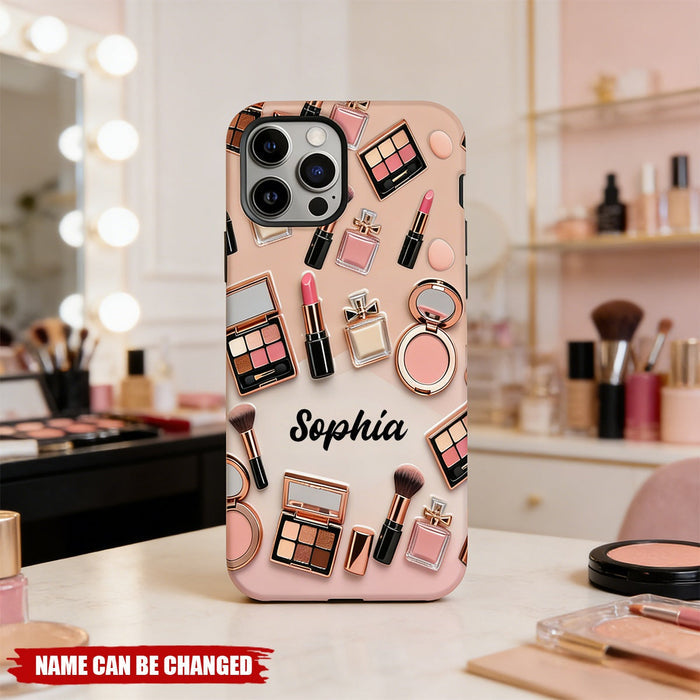 Personalized Makeup Tools Pattern Phone Case With Name - Stylish Makeup Artist Birthday Keepsake Gift For Girlfriend & Beauty Lovers