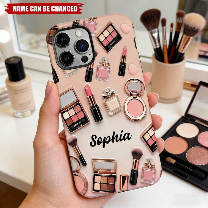 Personalized Makeup Tools Pattern Phone Case With Name - Stylish Makeup Artist Birthday Keepsake Gift For Girlfriend & Beauty Lovers