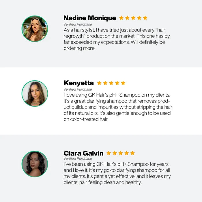 Three five-star verified purchase reviews of pH+ Shampoo from Nadine Monique, Kenyetta and Ciara Galvin, all recommending it
