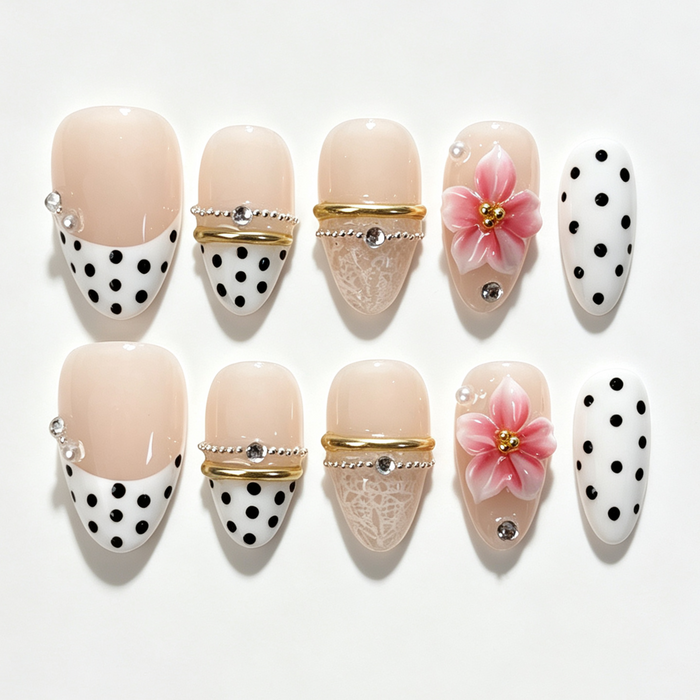 Short almond press on nails, polka dot, pink 3D flower, metal chain rhinestone nude fake nails