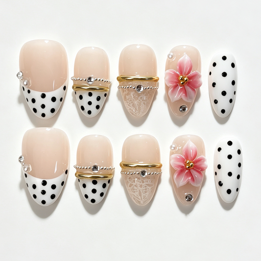 Short almond press on nails, polka dot, pink 3D flower, metal chain rhinestone nude fake nails