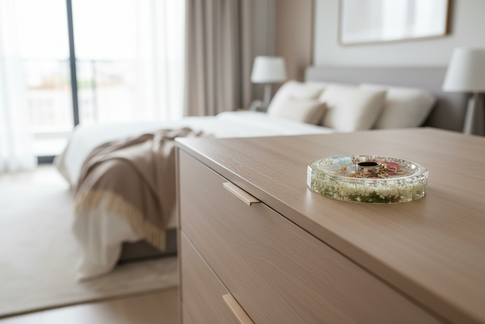 Wooden dresser with preserved flower resin ring dish in a bedroom setting