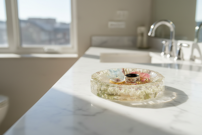 Landscape photo of a pressed flower resin round ring dish on a bathroom counter, alternate angle