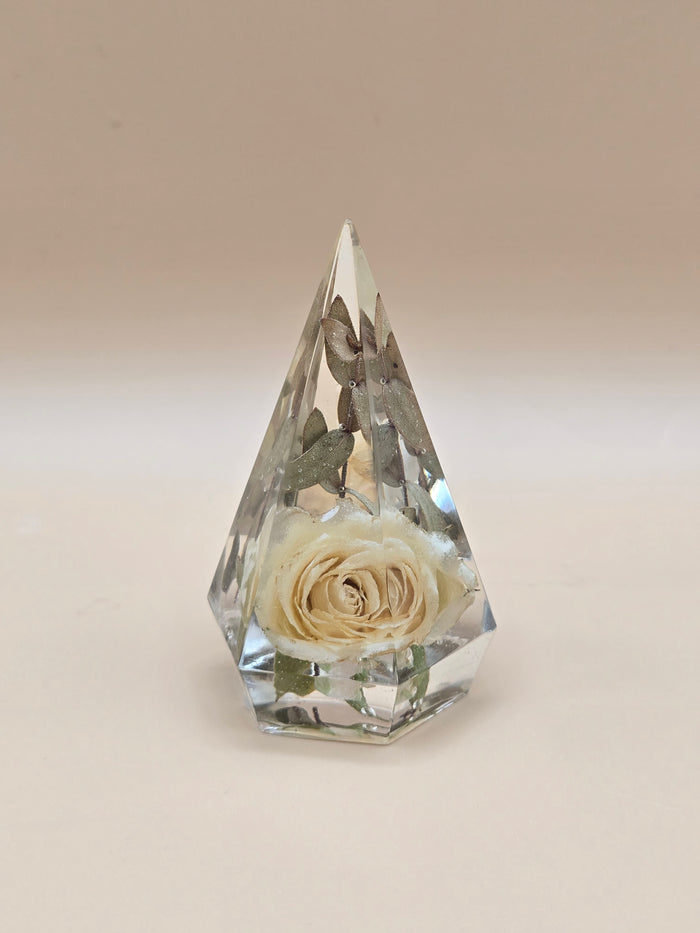 Premade faceted preserved flower ring holder in crystal-clear, UV-resistant resin. Ready-to-ship ring stand and preserved flower gift.