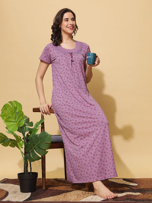 Purple Cotton Blend Floral Nighty for Women