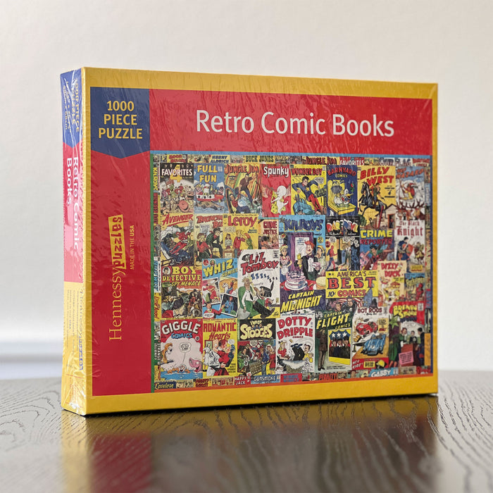 Jigsaw puzzle box featuring retro comic book covers with a red and yellow design.