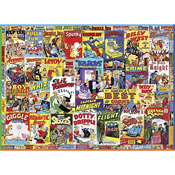 A colorful 1000 piece jigsaw puzzle featuring various retro comic book covers.