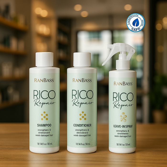 Rico Repair 3 Steps - Daily Maintenance Kit for Chemically Treated Hair, Strand Repair Line. Replenish Hair Mass, for Post-Bleaching and Hair Straightening (Shampoo 10.14 fl.oz + Conditioner 10.14 fl. oz + Leave-In 10.14 fl. oz). Sulfate-free & Color-safe