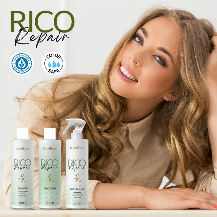 Rico Repair 3 Steps - Daily Maintenance Kit for Chemically Treated Hair, Strand Repair Line. Replenish Hair Mass, for Post-Bleaching and Hair Straightening (Shampoo 10.14 fl.oz + Conditioner 10.14 fl. oz + Leave-In 10.14 fl. oz). Sulfate-free & Color-safe