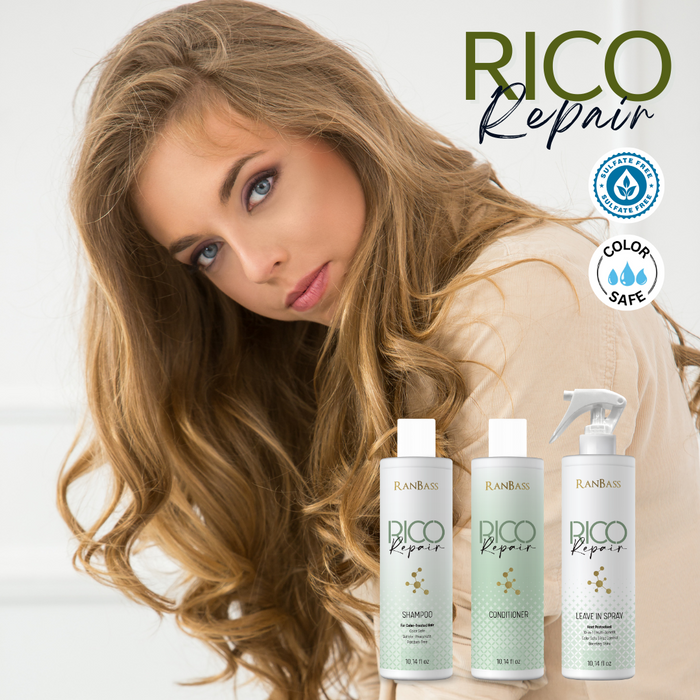 Rico Repair 3 Steps - Daily Maintenance Kit for Chemically Treated Hair, Strand Repair Line. Replenish Hair Mass, for Post-Bleaching and Hair Straightening (Shampoo 10.14 fl.oz + Conditioner 10.14 fl. oz + Leave-In 10.14 fl. oz). Sulfate-free & Color-safe