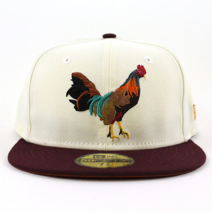 ROOSTER New Era 59Fifty Fitted Hat (CHROME WHITE MAROON RUST Under Brim)