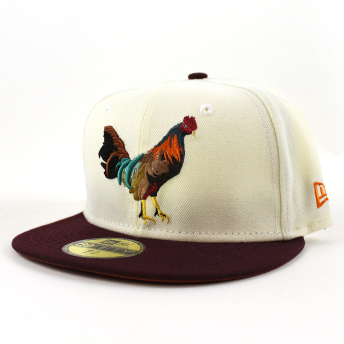 ROOSTER New Era 59Fifty Fitted Hat (CHROME WHITE MAROON RUST Under Brim)
