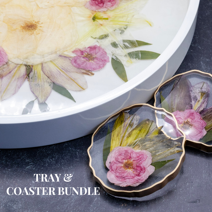 Round Ottoman Tray & Geode Coaster Bundle featuring preserved flowers in resin.