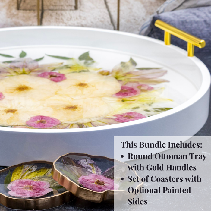 Round Ottoman Tray & Geode Coaster Bundle featuring beautiful dried flowers in resin.