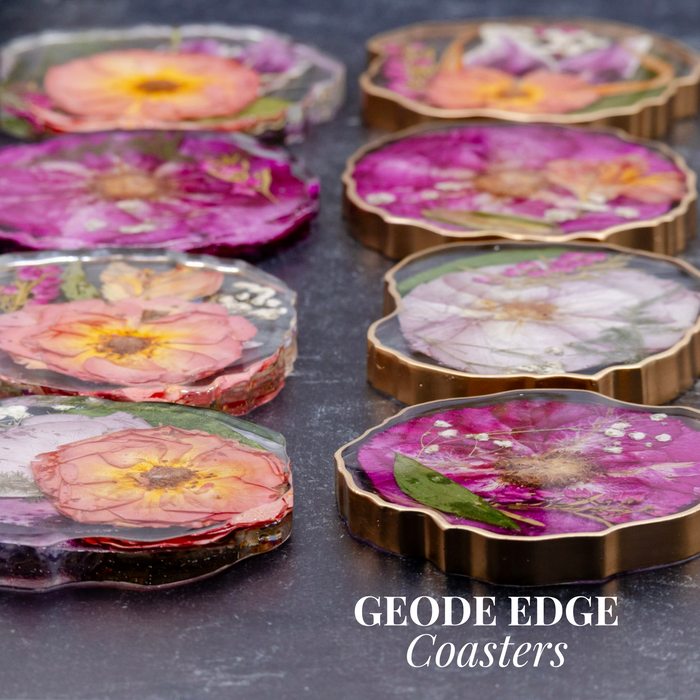 Round Ottoman Tray & Geode Coaster Bundle featuring vibrant geode edge coasters with preserved flowers.