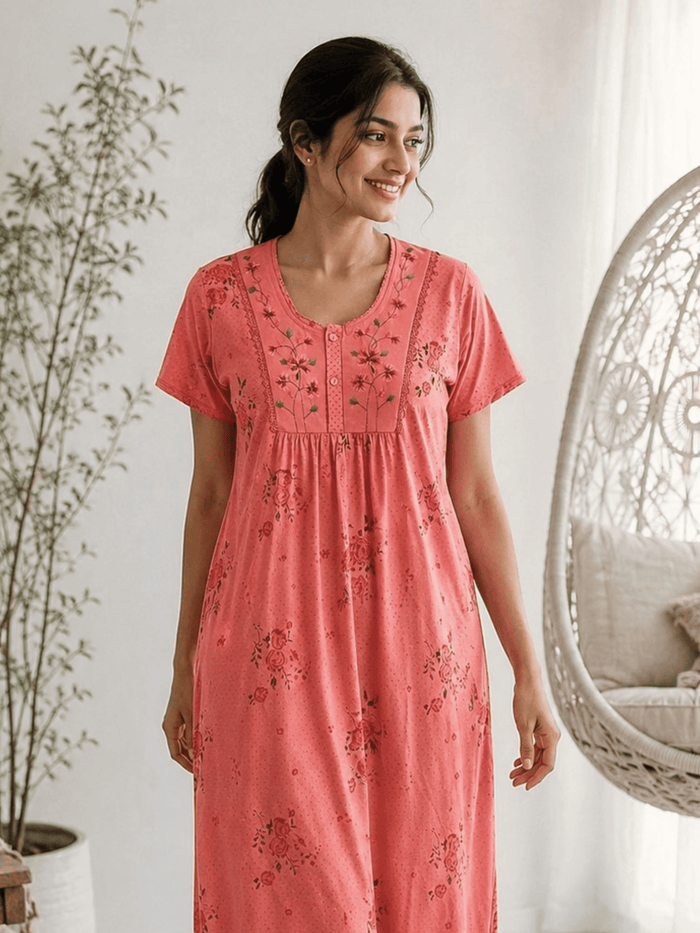 Ruby Cotton Blend Floral Embroidered Nighty for Women