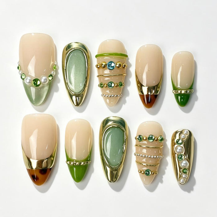 Sage Gilded almond press‑on nails, sage green gold frame pearl rhinestone handmade fake nails