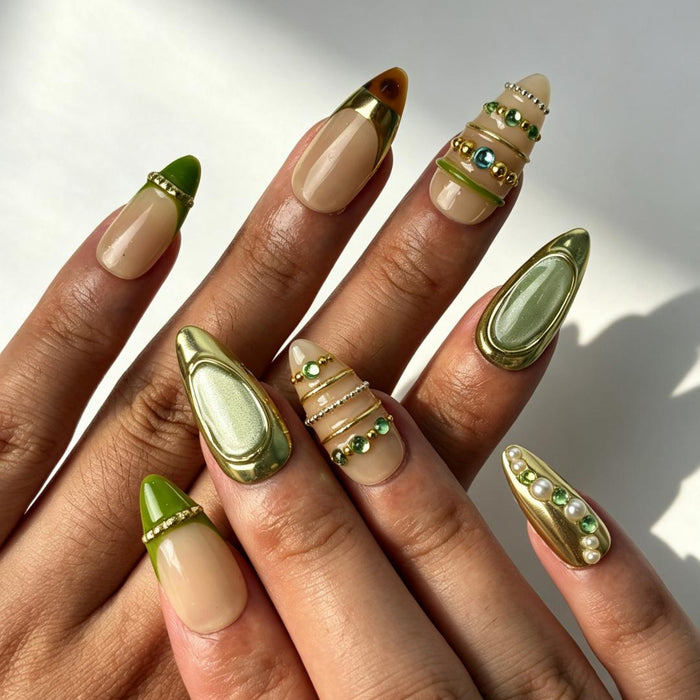 Sage Gilded green gold luxury press‑on nails hand manicure view