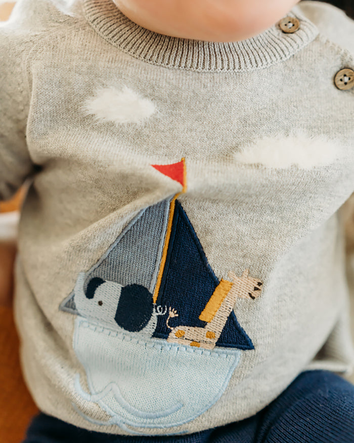 Sailboat Applique Sweater Knit Baby Pullover (Organic Cotton)
