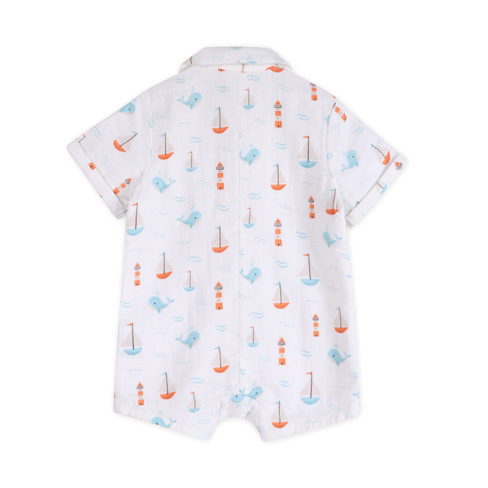 Sailboat Baby Button Romper Back (Organic Muslin)