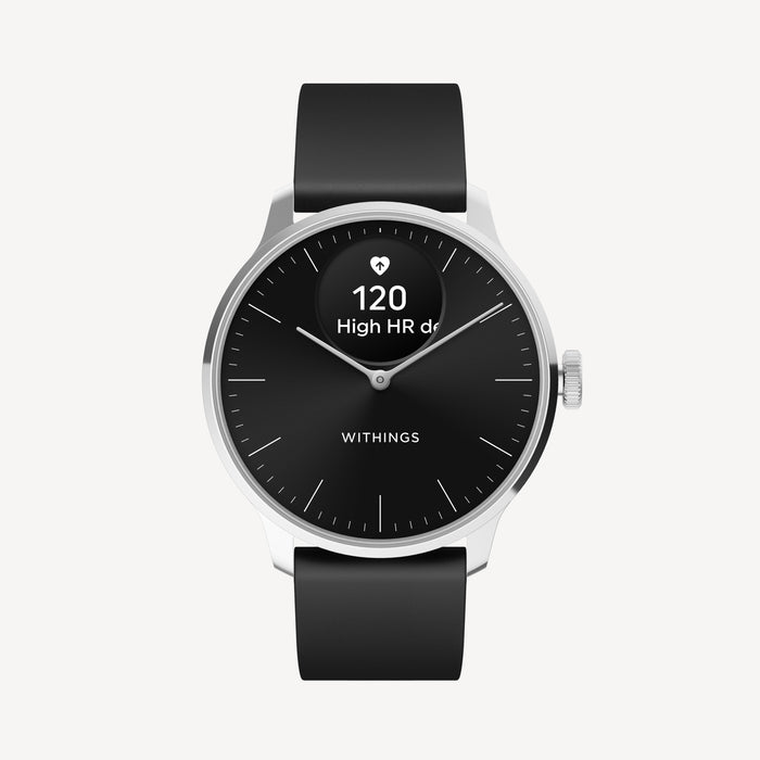 ScanWatch Light — Black 37mm — Front view on white background, black dial with mini display showing heart rate 120 BPM, black silicone strap — front, black dial, HR alert