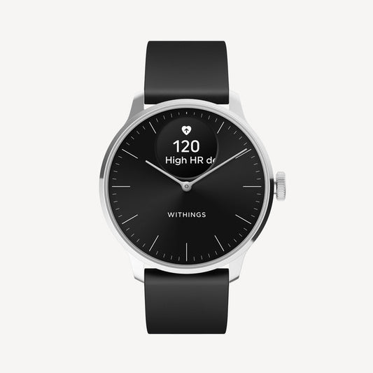 ScanWatch Light — Black 37mm — Front view on white background, black dial with mini display showing heart rate 120 BPM, black silicone strap — front, black dial, HR alert