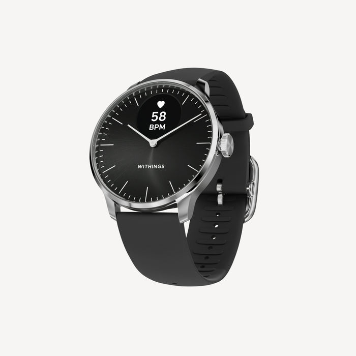 ScanWatch Light — Black 37mm — Three-quarter view on white background, black dial showing 58 BPM heart rate, black silicone strap — three-quarter, plain background, hybrid smartwatch