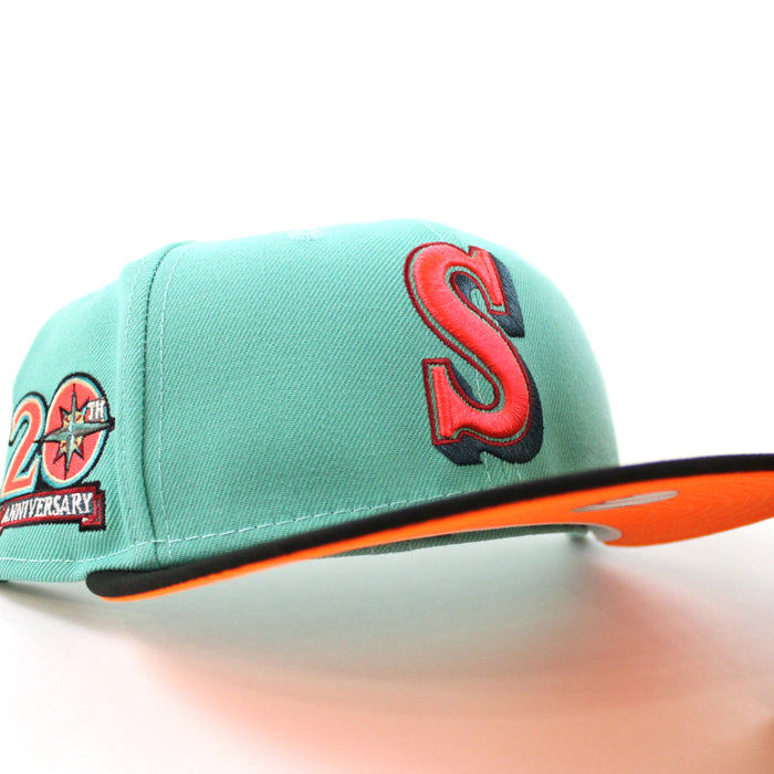 Seattle Mariners 20TH Anniversary New Era 59Fifty Fitted Hat (CLEAR MINT BLACK HUNTER FLAME ORANGE Under Brim)
