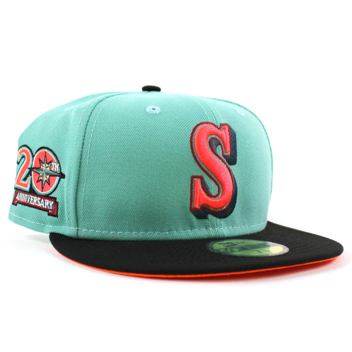 Seattle Mariners 20TH Anniversary New Era 59Fifty Fitted Hat (CLEAR MINT BLACK HUNTER FLAME ORANGE Under Brim)