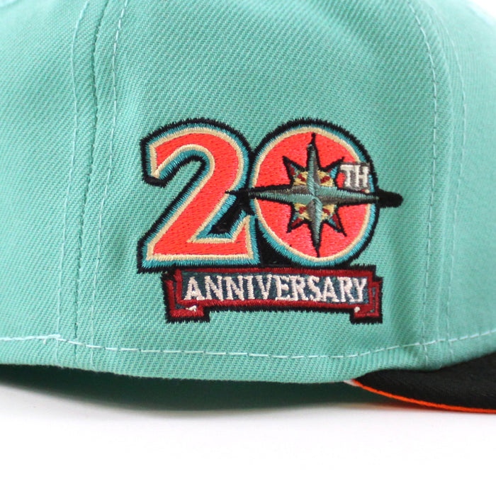 Seattle Mariners 20TH Anniversary New Era 59Fifty Fitted Hat (CLEAR MINT BLACK HUNTER FLAME ORANGE Under Brim)