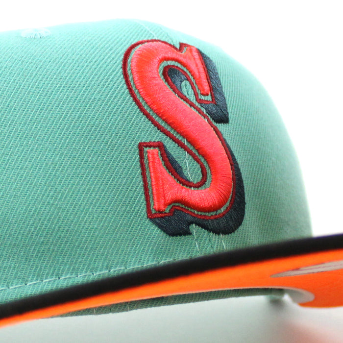Seattle Mariners 20TH Anniversary New Era 59Fifty Fitted Hat (CLEAR MINT BLACK HUNTER FLAME ORANGE Under Brim)