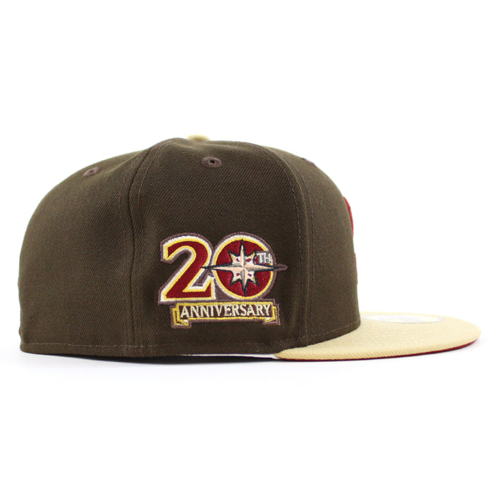 Seattle Mariners 20TH Anniversary New Era 59Fifty Fitted Hat (WALNUT VEGAS GOLD PINOT RED Under Brim)