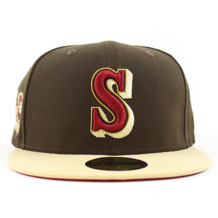 Seattle Mariners 20TH Anniversary New Era 59Fifty Fitted Hat (WALNUT VEGAS GOLD PINOT RED Under Brim)