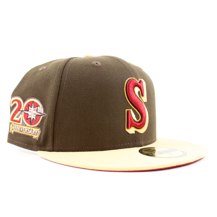Seattle Mariners 20TH Anniversary New Era 59Fifty Fitted Hat (WALNUT VEGAS GOLD PINOT RED Under Brim)