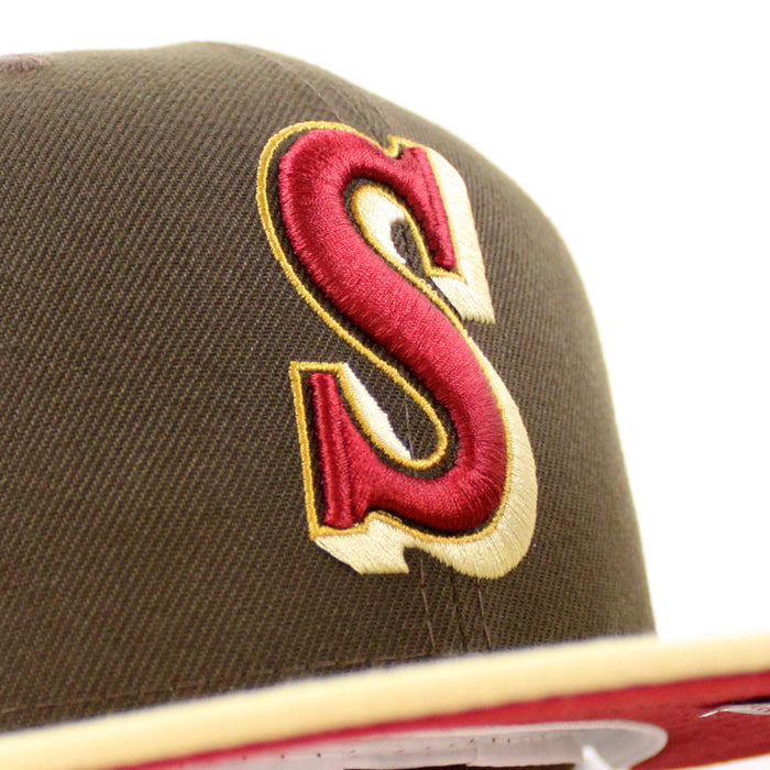 Seattle Mariners 20TH Anniversary New Era 59Fifty Fitted Hat (WALNUT VEGAS GOLD PINOT RED Under Brim)