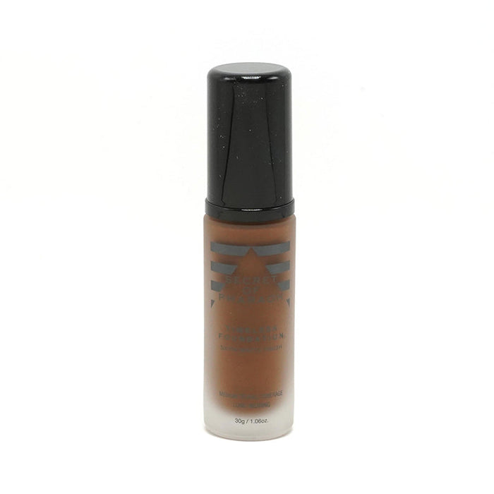 EBIN makeup liquid foundation in medium brown shade with black cap in a clear bottle