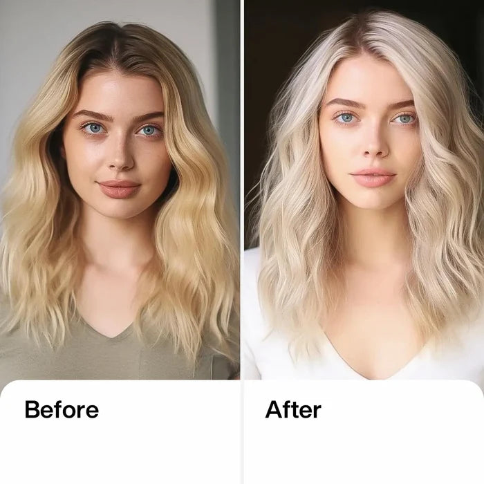 Silver Bombshell Shampoo before and after: warm brassy golden blonde on the left, cool bright platinum blonde on the right