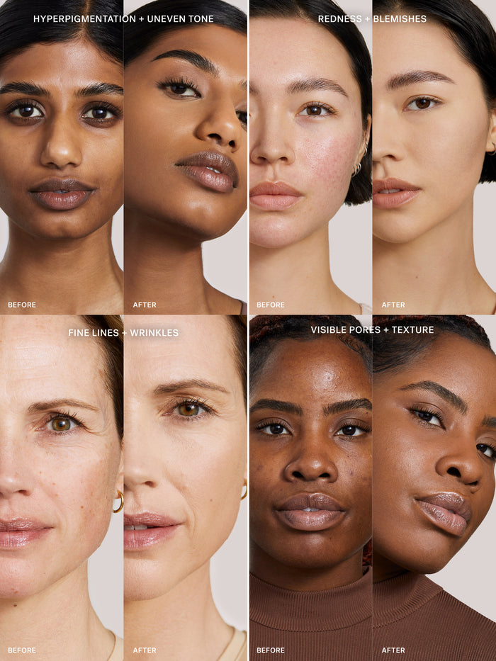 Before and after comparison of skin with Complexion Stick and without on various individuals with text labels.