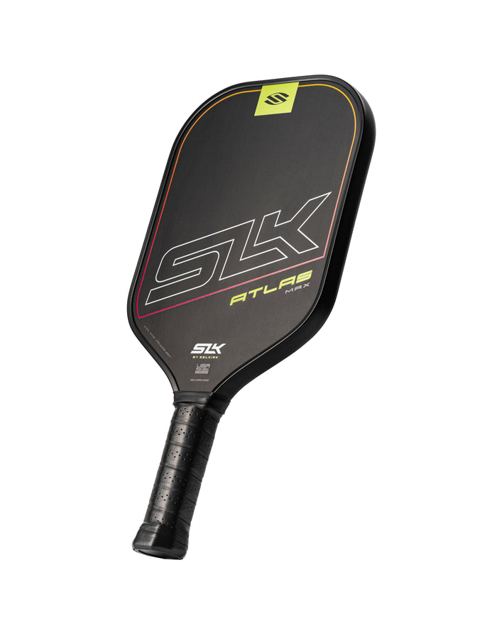 SLK Atlas Max pickleball paddle in Ember color, showcasing its design and grip.