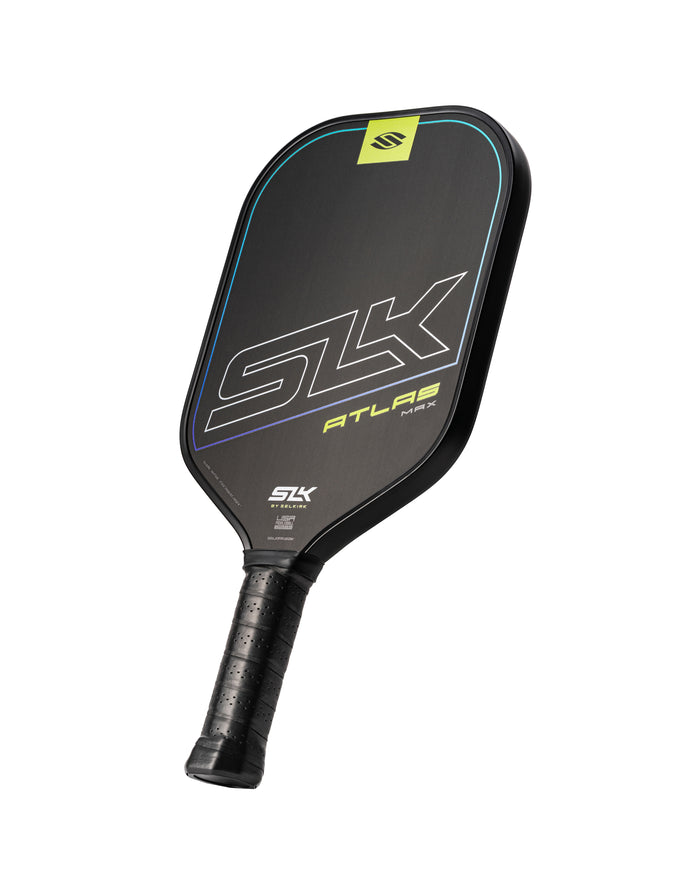 Pickleball paddle SLK Atlas with black face, SLK logo, and black handle
