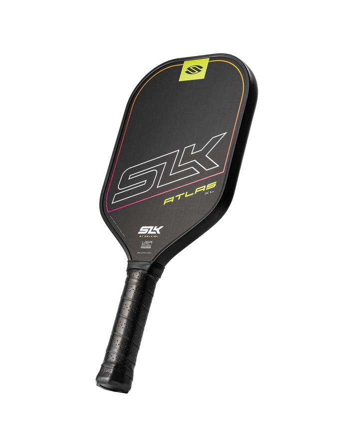 SLK Atlas XL Pickleball Paddle, designed for beginner players, featuring a sleek black design with colorful accents.