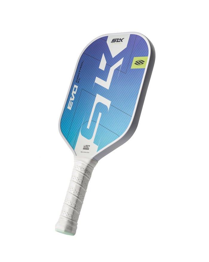 SLK Evo XL Pickleball Paddle, designed for beginner players, featuring a blue and white design.