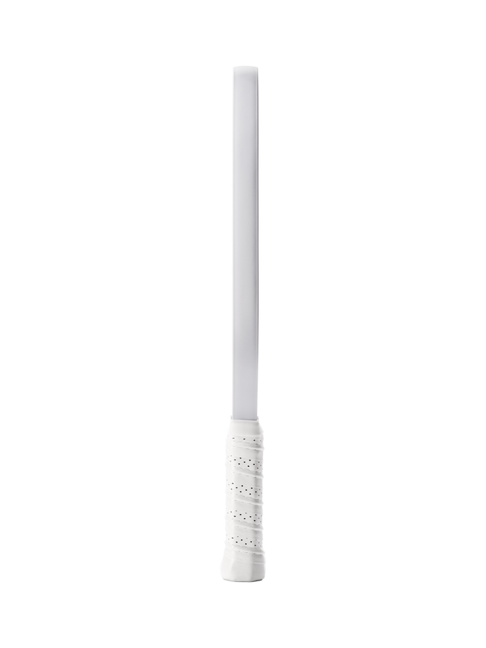 Slim white LED baton with perforated wrapped grip and flat rectangular shaft