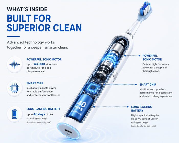 LaserGlow Sonic Electric Toothbrush internal technology image showing sonic motor, smart chip, long-lasting battery, and up to 43,000 vibrations per minute.