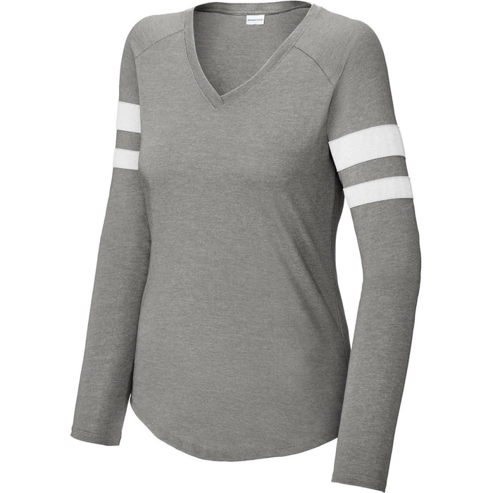 Sport-Tek Ladies Halftime Stripe Long Sleeve V-Neck Tee-Sport-Tek-White/Vintage Heather-XS-Thread Logic