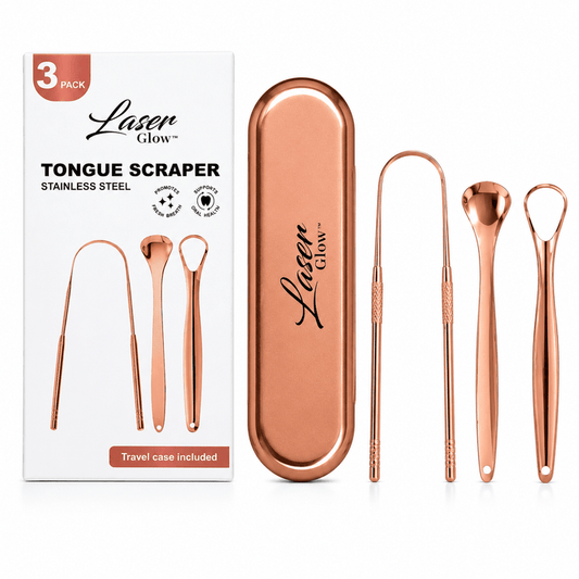 LaserGlow 3 piece rose gold stainless steel tongue scraper set with travel case and box