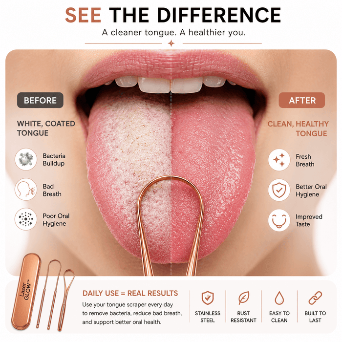 Realistic before and after tongue scraper comparison showing white coated tongue and clean tongue