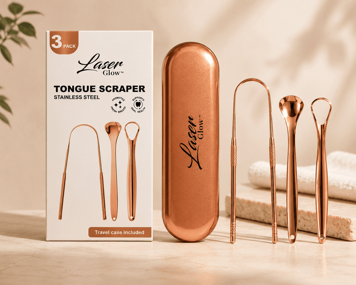 LaserGlow rose gold stainless steel tongue scraper set with travel case